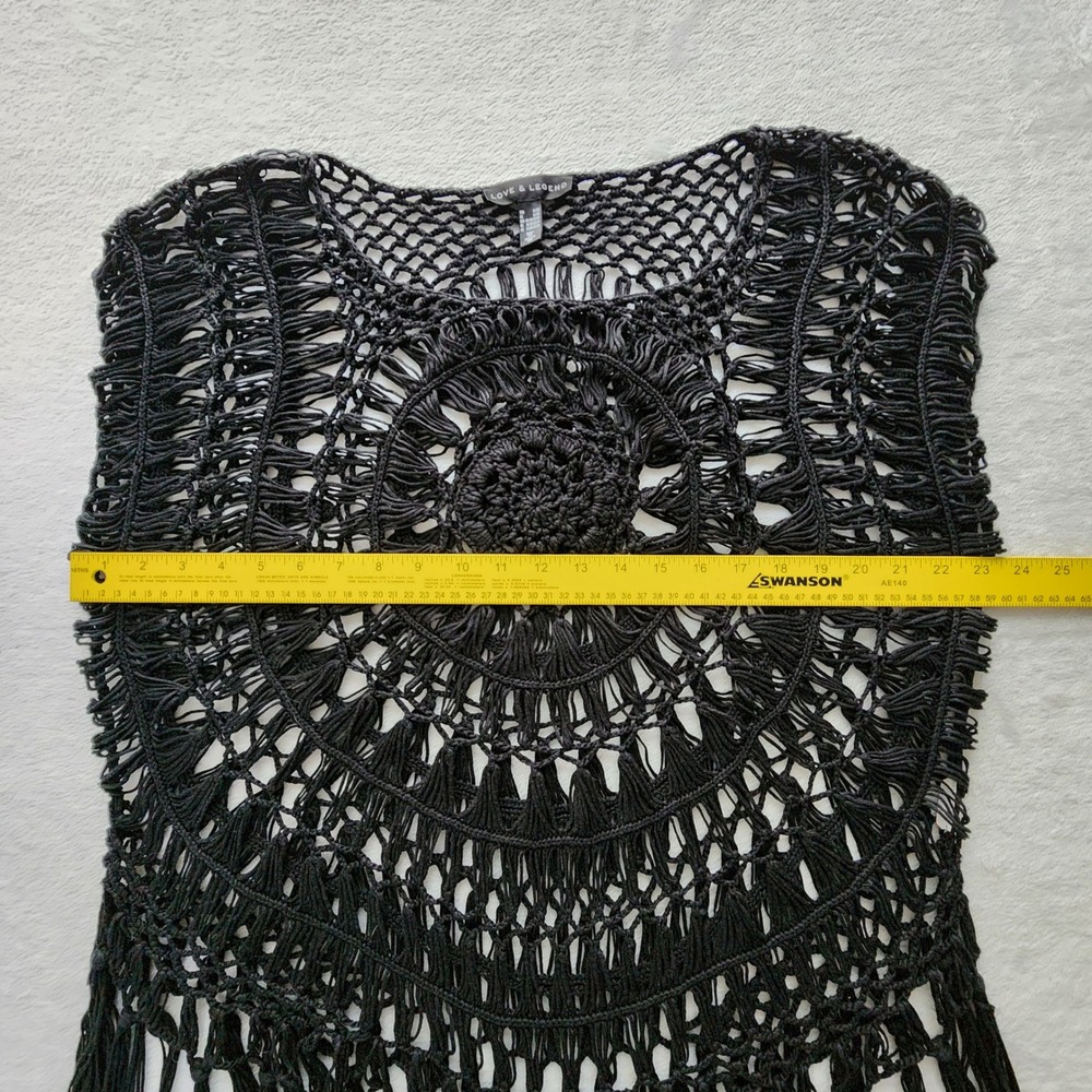 Crochet Fringe Poncho Top 1X 2X Black Open Knit Witchy Festival Whimsigoth Goth - Picture 9 of 12